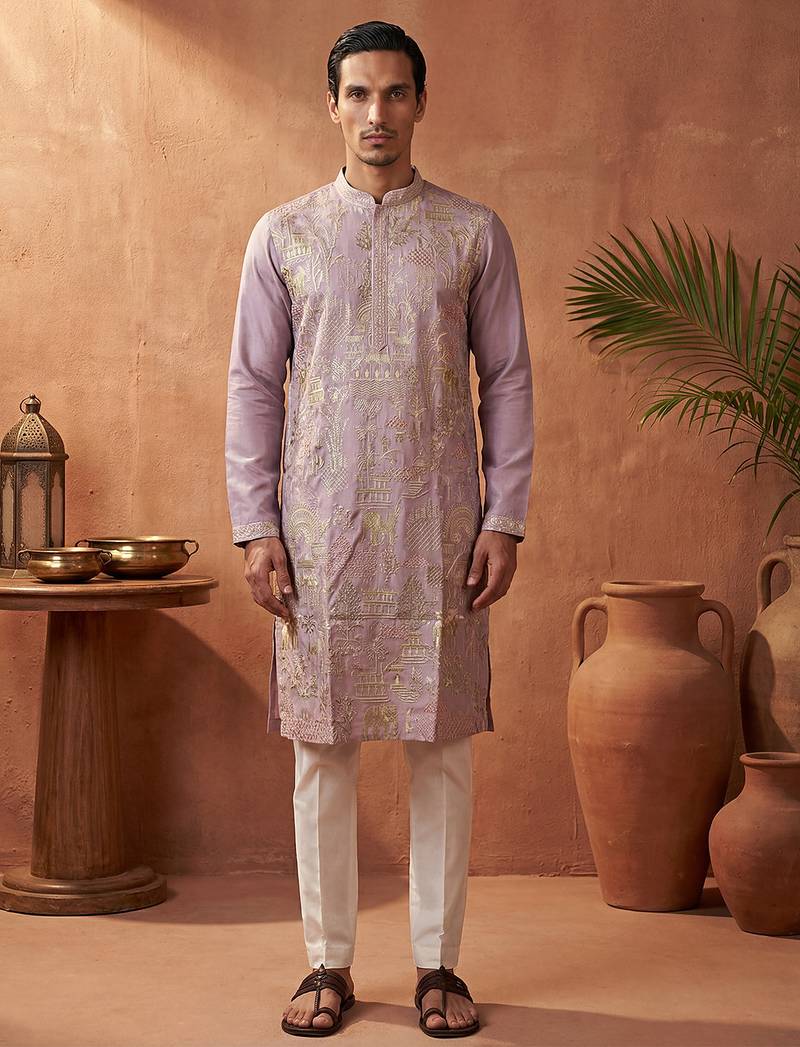 men’s lavender silk blend embroidered kurta with trouser set