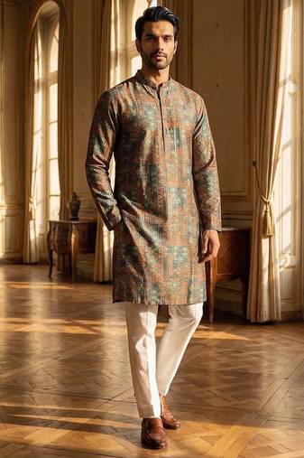 blue silk blend printed straight kurta for men