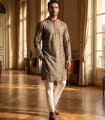 blue silk blend printed straight kurta for men
