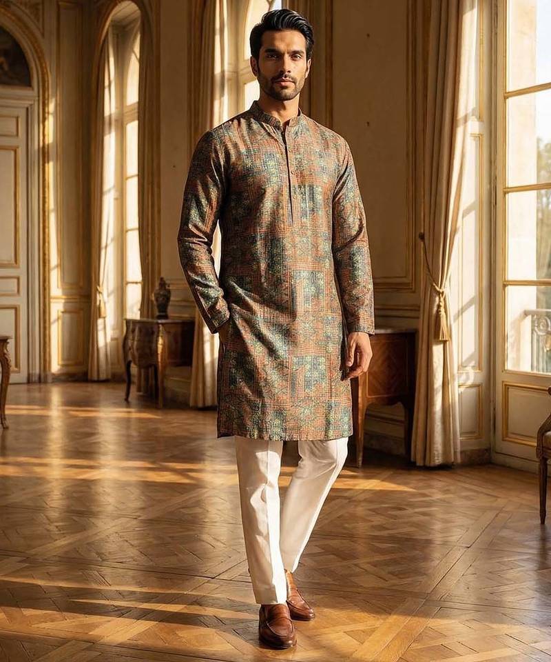 blue silk blend printed straight kurta for men