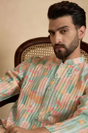 men   s Multicolor silk blend printed kurta trouser set