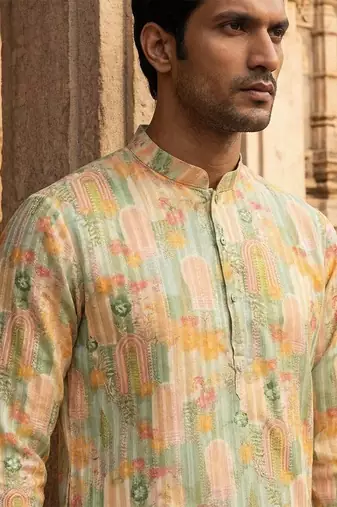 men   s Multicolor silk blend printed kurta trouser set