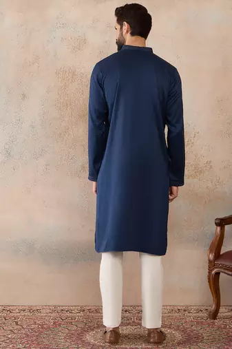 men s blue silk blend jacquard pattern straight kurta trouser set