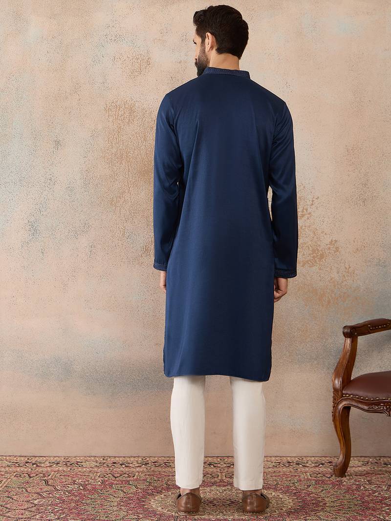 men s blue silk blend jacquard pattern straight kurta trouser set