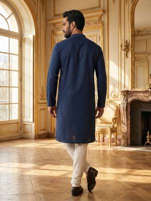 men   s blue silk blend jacquard pattern straight kurta trouser set
 4