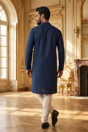 men   s blue silk blend jacquard pattern straight kurta trouser set