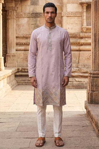 men’s lavender silk blend embroidered straight kurta trouser set