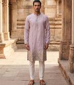 men’s lavender silk blend embroidered straight kurta trouser set