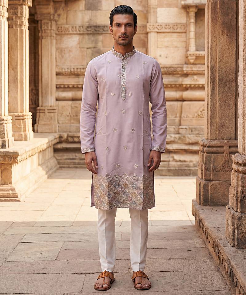 men’s lavender silk blend embroidered straight kurta trouser set