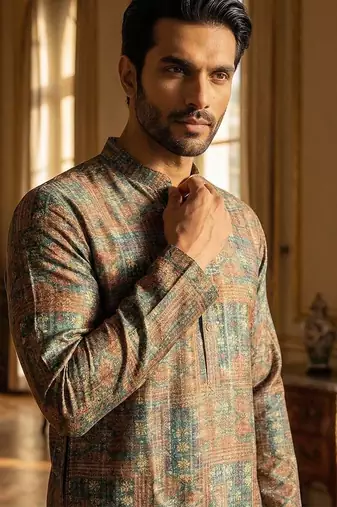 blue silk blend printed straight kurta for men