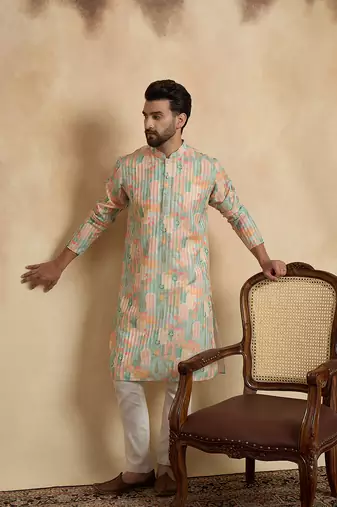 men   s Multicolor silk blend printed kurta trouser set