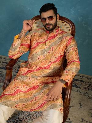 yellow silk blend straight printed kurta trouser set 1