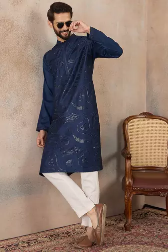 men s blue silk blend jacquard pattern straight kurta trouser set