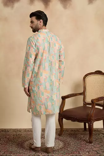 men   s Multicolor silk blend printed kurta trouser set