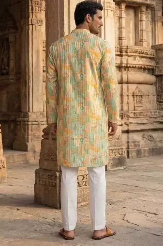 men   s Multicolor silk blend printed kurta trouser set