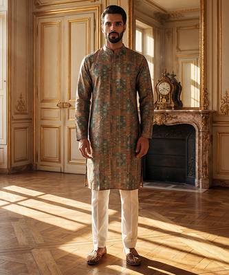 blue silk blend printed straight kurta for men 3