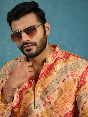 yellow silk blend straight printed kurta trouser set 2
