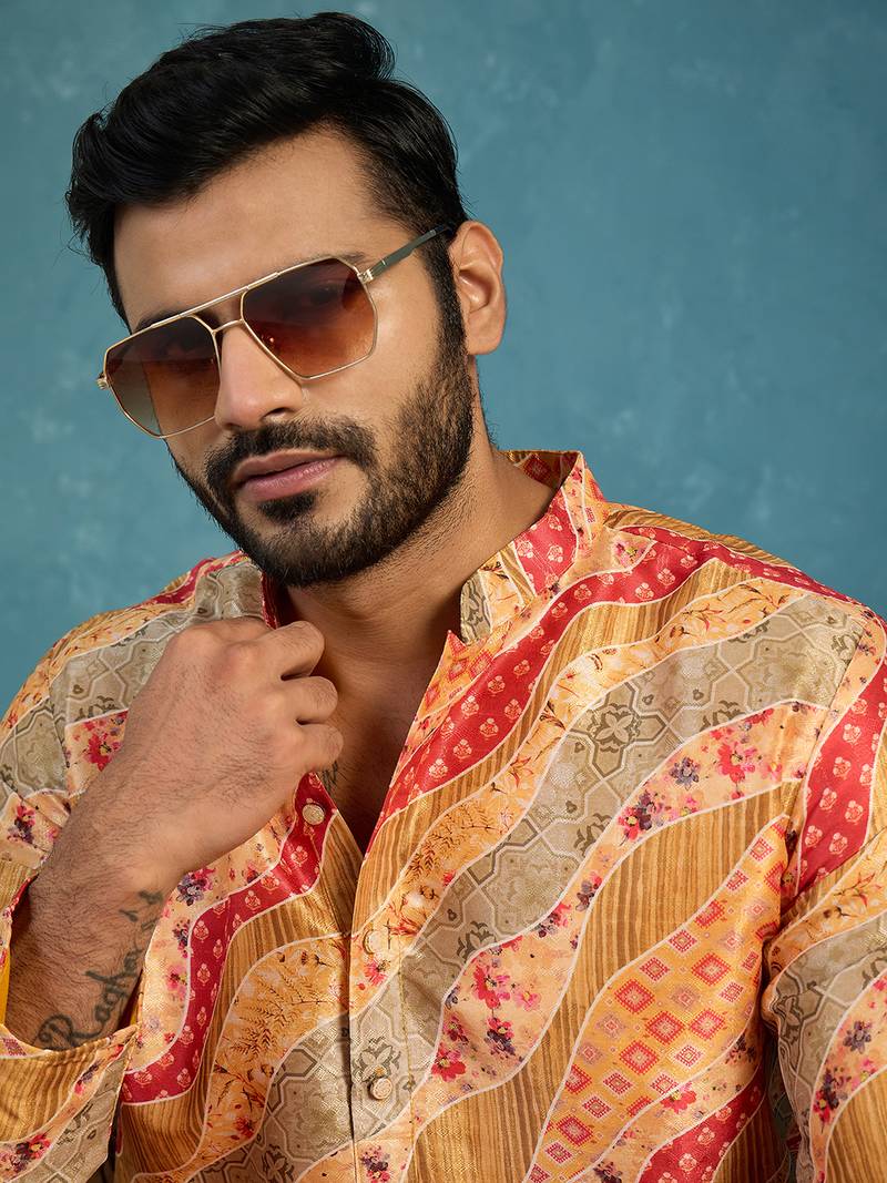 yellow silk blend straight printed kurta trouser set