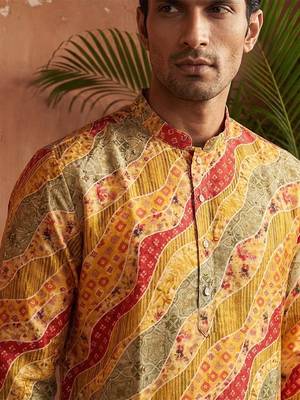 yellow silk blend straight printed kurta trouser set 2