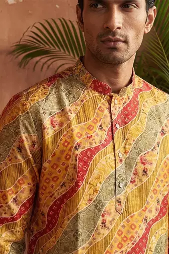 yellow silk blend straight printed kurta trouser set