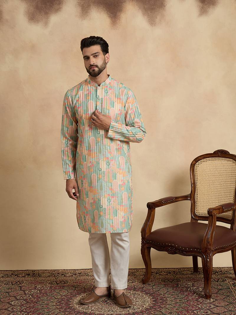 men   s Multicolor silk blend printed kurta trouser set
