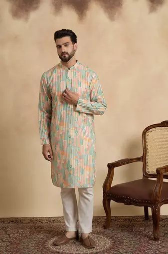 men   s Multicolor silk blend printed kurta trouser set