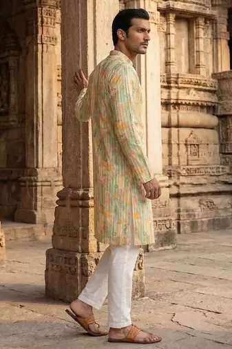 men   s Multicolor silk blend printed kurta trouser set