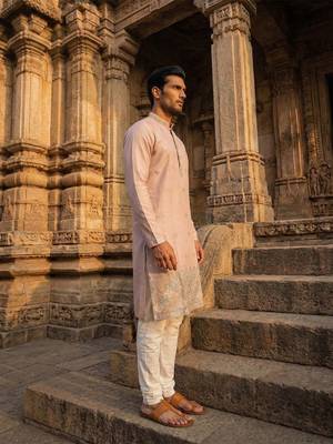 men   s lavender silk blend embroidered straight kurta trouser set 3