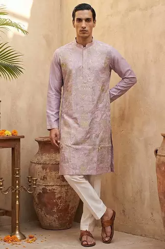men   s lavender silk blend embroidered kurta with trouser set