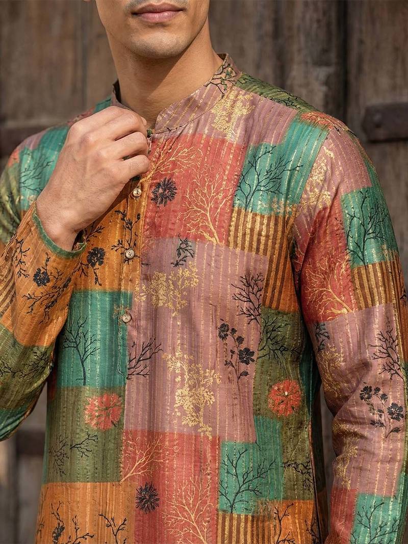 men’s multicolor silk blend printed kurta trouser set