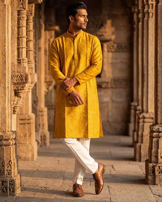 men   s yellow silk blend jacquard pattern straight kurta trouser set 1