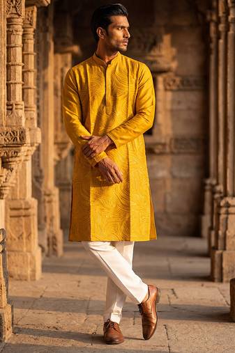 men’s yellow silk blend jacquard pattern straight kurta trouser set