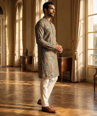 blue silk blend printed straight kurta for men 5