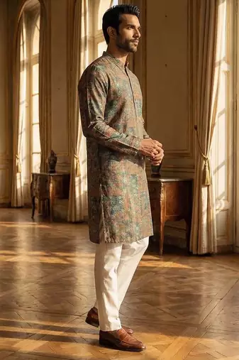 blue silk blend printed straight kurta for men