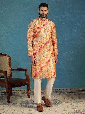 yellow silk blend straight printed kurta trouser set 3