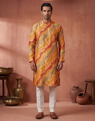 yellow silk blend straight printed kurta trouser set 3
