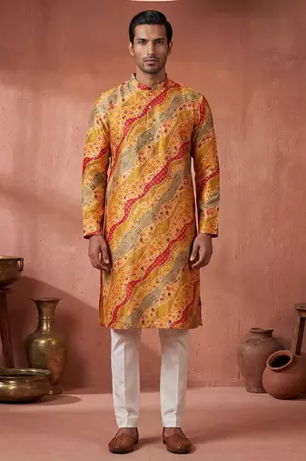yellow silk blend straight printed kurta trouser set