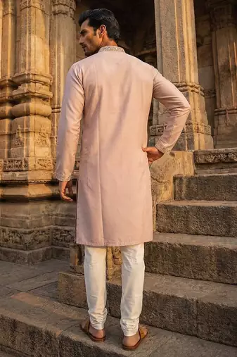 men   s lavender silk blend embroidered straight kurta trouser set