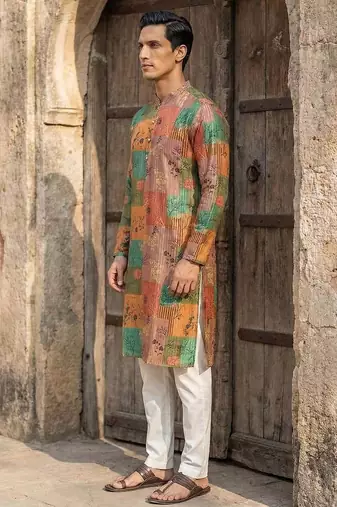 men   s multicolor silk blend printed kurta trouser set