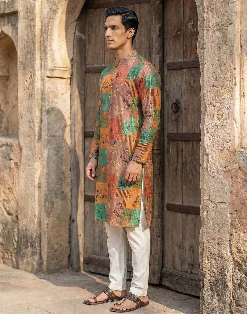 men’s multicolor silk blend printed kurta trouser set