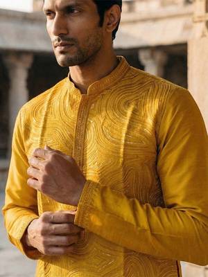 men   s yellow silk blend jacquard pattern straight kurta trouser set 2