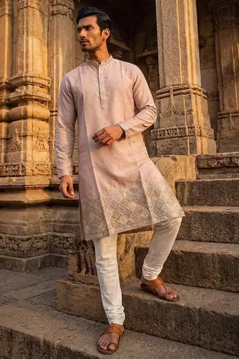 men   s lavender silk blend embroidered straight kurta trouser set