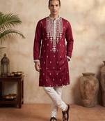 men’s maroon silk blend embroidered straight kurta trouser set