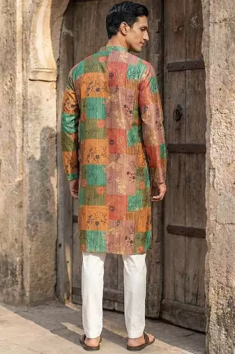 men   s multicolor silk blend printed kurta trouser set