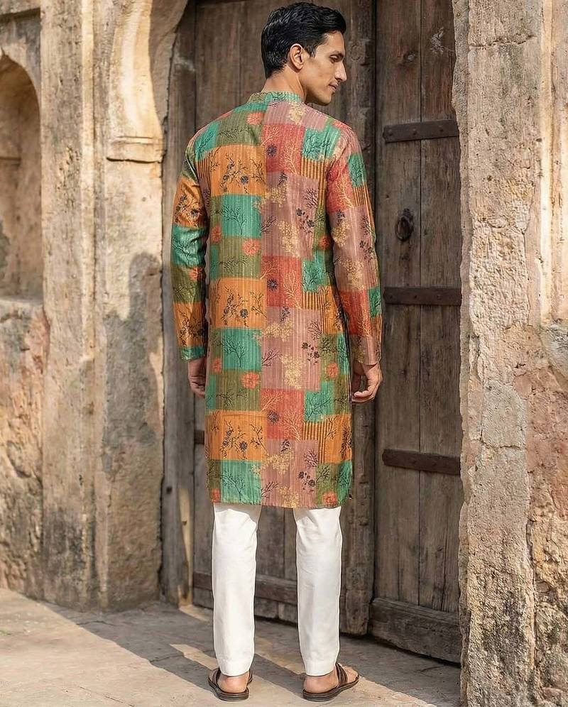 men’s multicolor silk blend printed kurta trouser set