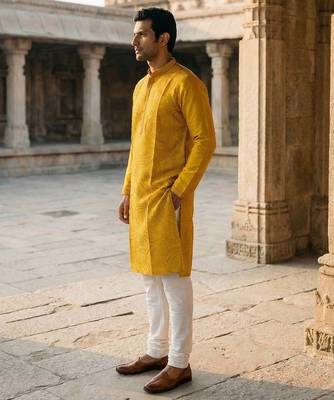 men   s yellow silk blend jacquard pattern straight kurta trouser set 3