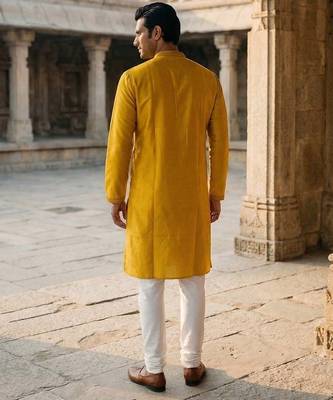 men   s yellow silk blend jacquard pattern straight kurta trouser set 4
