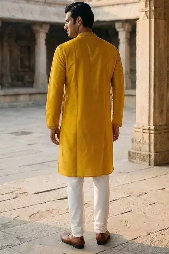 men   s yellow silk blend jacquard pattern straight kurta trouser set