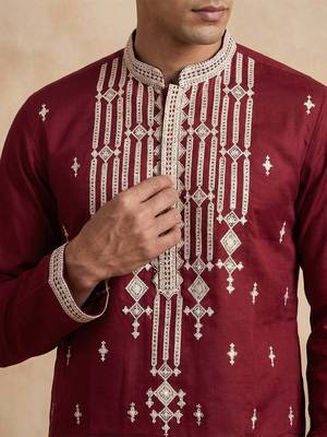 men   s maroon silk blend embroidered straight kurta trouser set 2