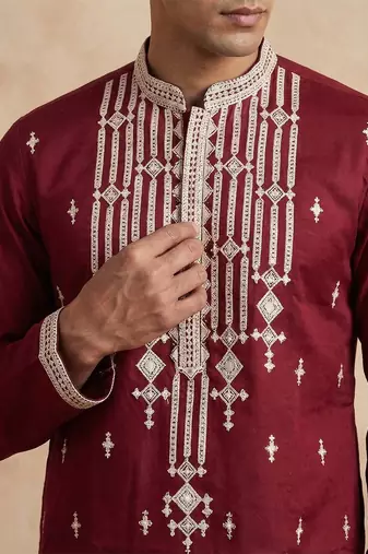 men   s maroon silk blend embroidered straight kurta trouser set
